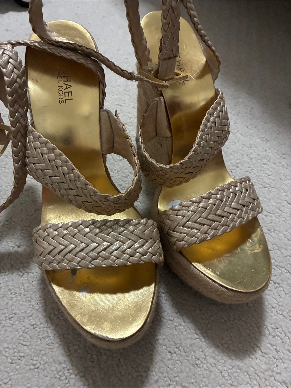 Michael Kors Gold Woven Braided Ankle Strap Espadrille Wedge Sandals 10M👵MT